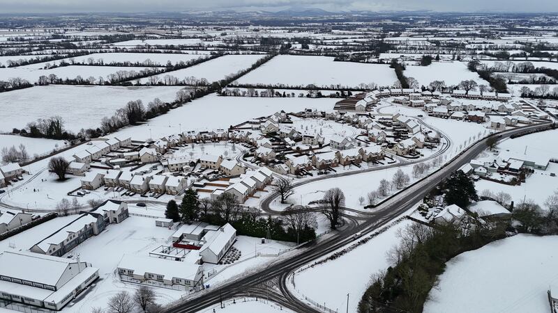 Snow blankets the village of Killeshin, County Laois, on Sunday. Photograph: Niall Carson/PA Wire