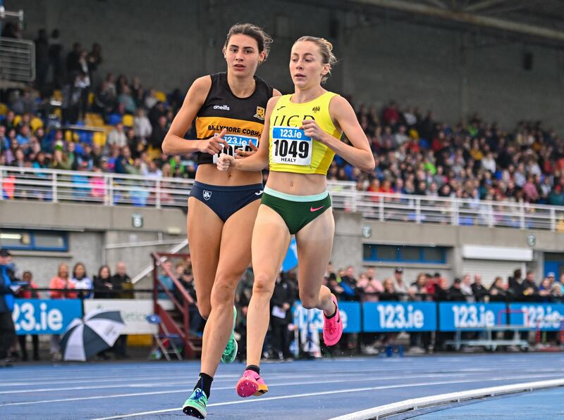 Sarah Healy of UCD AC, Dublin, right, on her way to winning the women's 1500m ahead of Sophie O'Sullivan of Ballymore Cobh AC, Cork, who finished second at the National Championships at Morton Stadium. Photograph: Sam Barnes/Sportsfile 