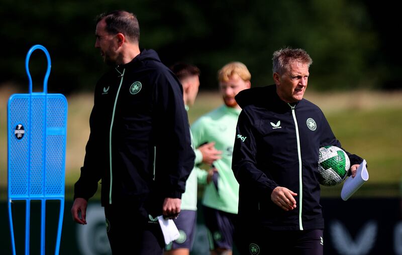 Ireland head coach Heimir Hallgrímsson and assistant coach John O'Shea. Photograph: Ryan Byrne/Inpho
