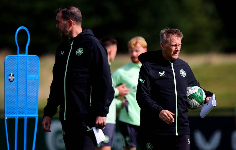 Ireland head coach Heimir Hallgrímsson and assistant coach John O'Shea. Photograph: Ryan Byrne/Inpho