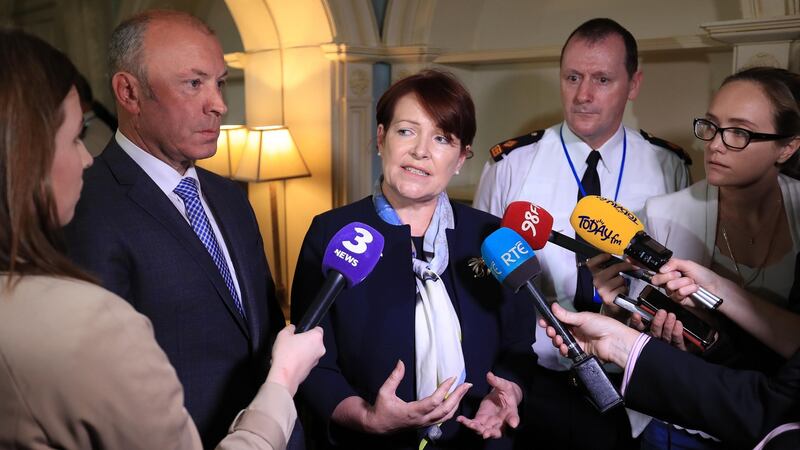 Garda commissioner Nóirín O’Sullivan and Deputy Commissioner John Twomey (left) speak to reporters after a meeting of the  International Association of Chiefs of Police on Wednesday. Photograph: Collins