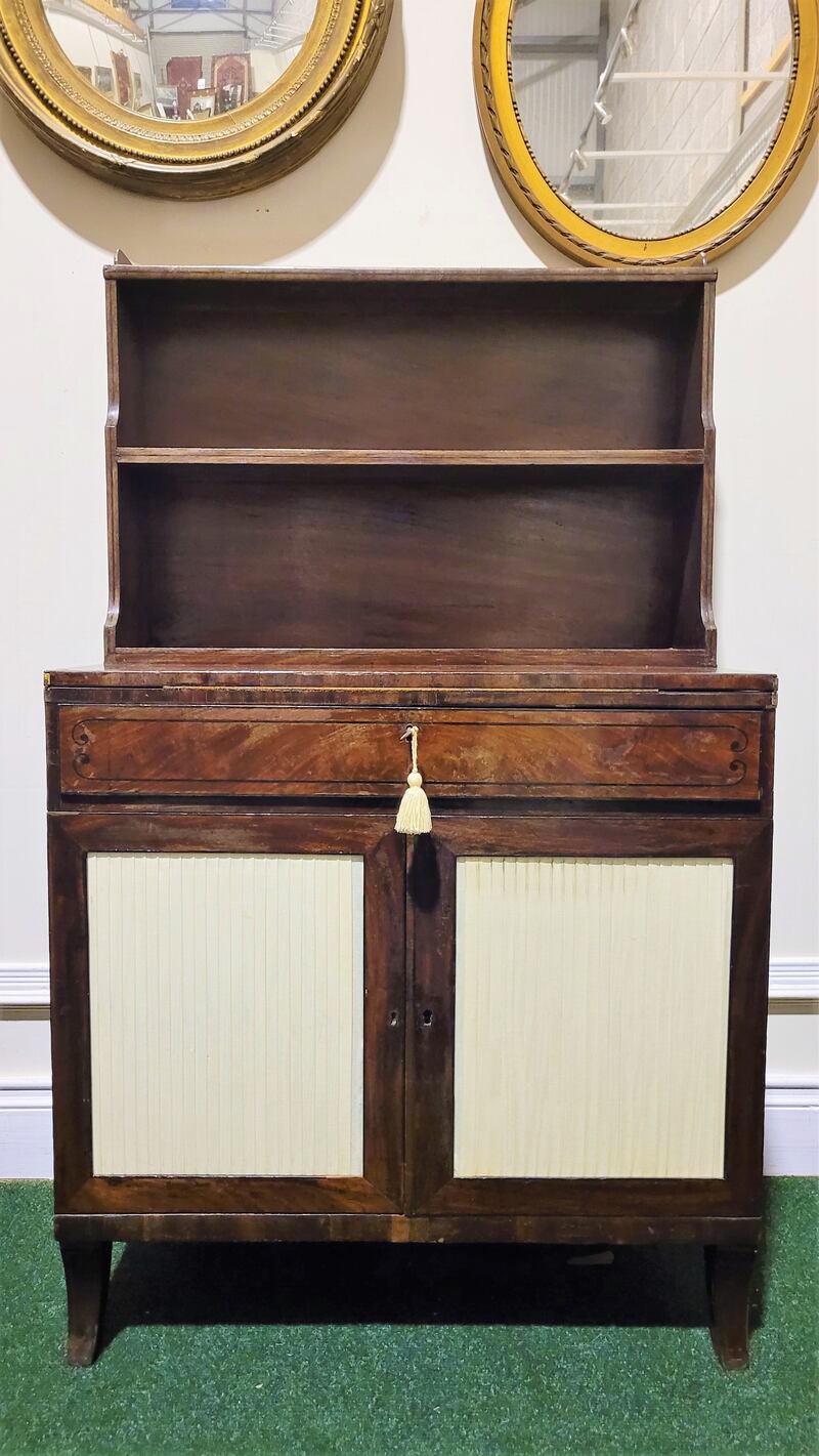 In the furniture section, there is a good quality inlaid mahogany chiffonier secrétaire, described as 'a neatly sized multifunctional piece of antique furniture'