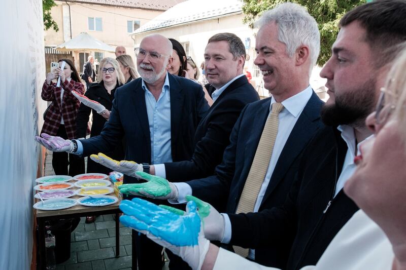 At the opening of the new play centre at Rozdil Friends Home are, from left, Tom McEnaney, founder of Effective Aid Ukraine; Maksym Kozytzkyy, governor of Lviv; Jonathan Conlon, Irish Ambassador to Ukraine, and Yuri Kholod, Head of the Lviv Regional Council.