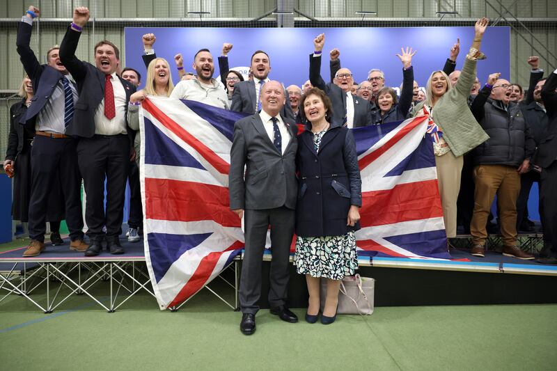 Jim Allister and his TUV supporters celebrate winning the North Antrim seat. Photograph: Stephen Davison