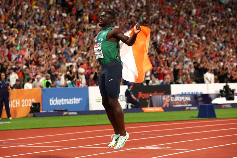 Israel Olatunde celebrates after setting a new Irish men's 100m record. Photograph: Alexander Hassenstein/Getty Images