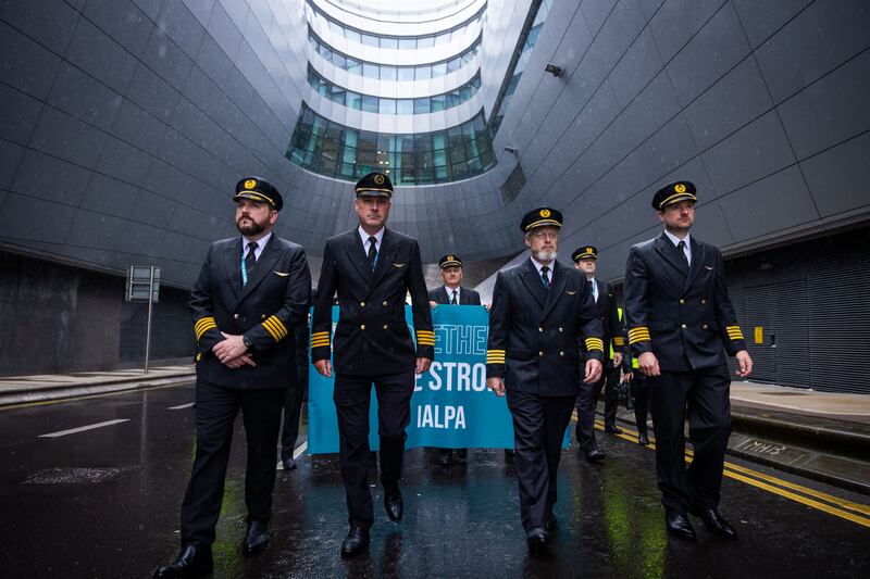 The striking pilots gathered before 6am for the action. Photograph: Fintan Clarke