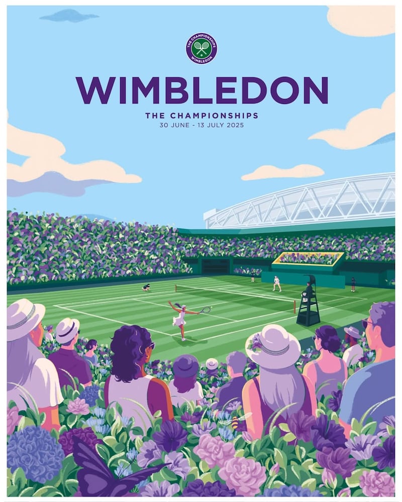 Wimbledon Tennis poster 2025, Tennis in an English Garden by graphic designer Sarah Madden