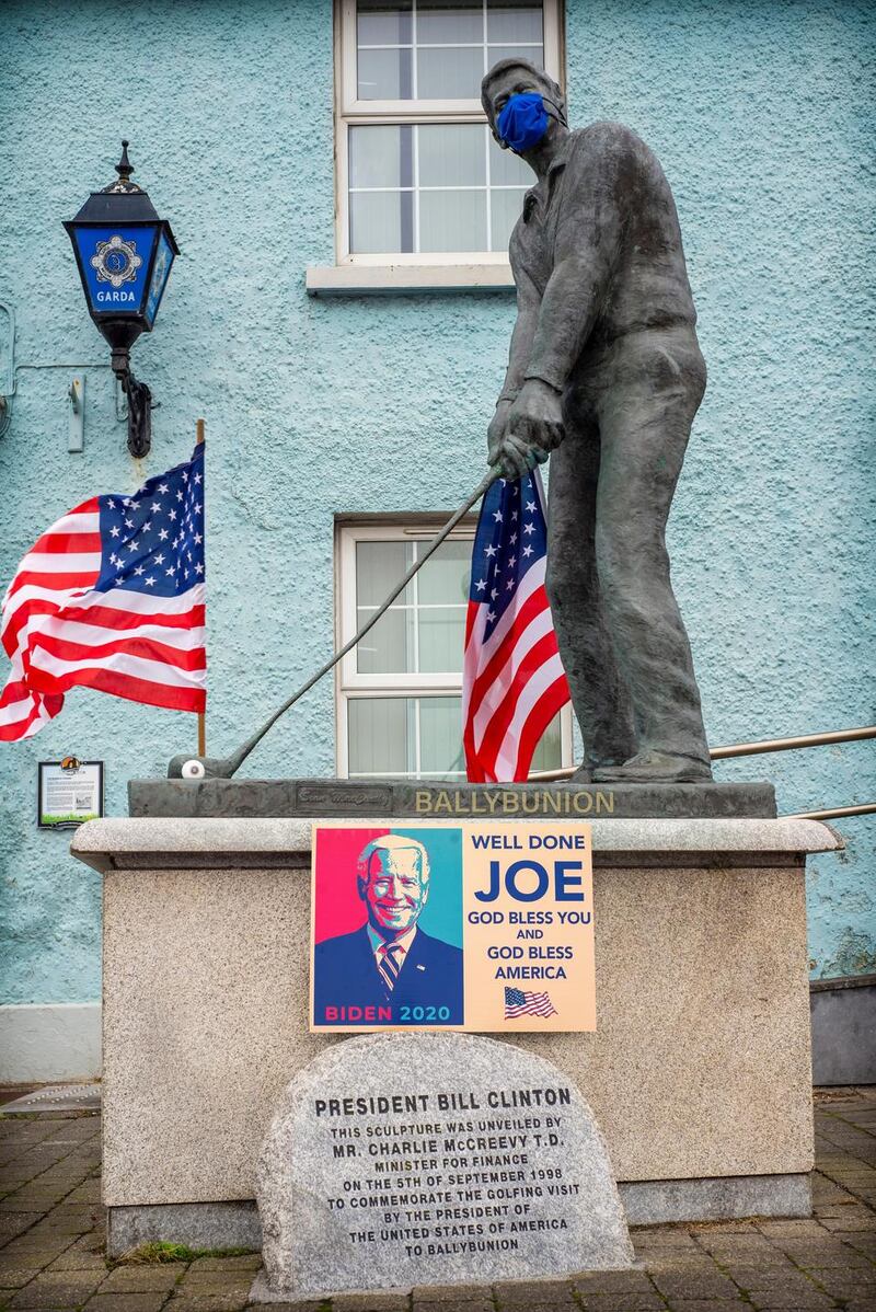 Bill Clinton statue in Ballybunion town square with a sign congratulating Joe Biden. Photograph: Dave Morrison