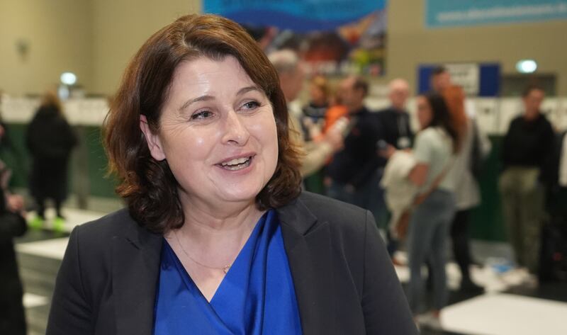 Social Democrats candidate Jennifer Whitmore arrives as counting continues at  the Shoreline Leisure Greystones in Co Wicklow. Photograph Niall Carson/PA Wire