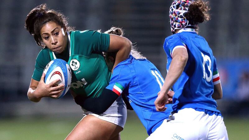 Ireland’s Sene Naoupu is tackled by  Sofia Stefan of Italy during the Women’s Six Nations match at Stadio Lanfranchi in Parma. Photograph: Matteo Ciambelli/Inpho