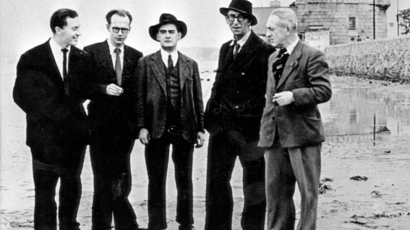 From left:  John Ryan, Anthony Cronin, Flann O’Brien aka Myles na Gopaleen, Patrick Kavanagh and Thomas Joyce mark the first Bloomsday commemoration on June 16th, 1954.