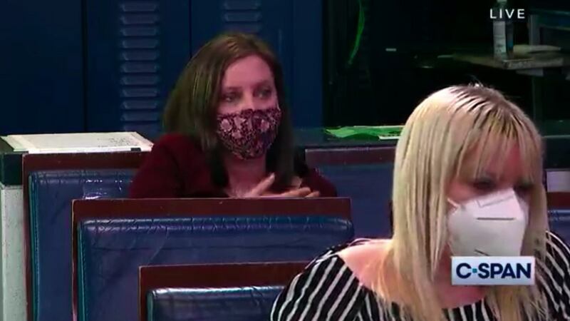 Irish Times Washington correspondent Suzanne Lynch poses a question to White House press secretary Jen Psaki.