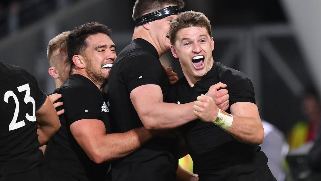 Beauden Barrett’s late score saw the All Blacks edge Australia in Dunedin. Photograph: Marty Melville/AFP