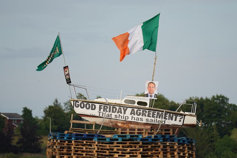 A pyre with a boat on top, with a picture of Taoiseach Leo Varadkar and a banner that reads "Good Friday Agreement? That ship has sailed" in Moygashel near Dungannon, Co Tyrone. Photograph: Niall Carson/PA Wire