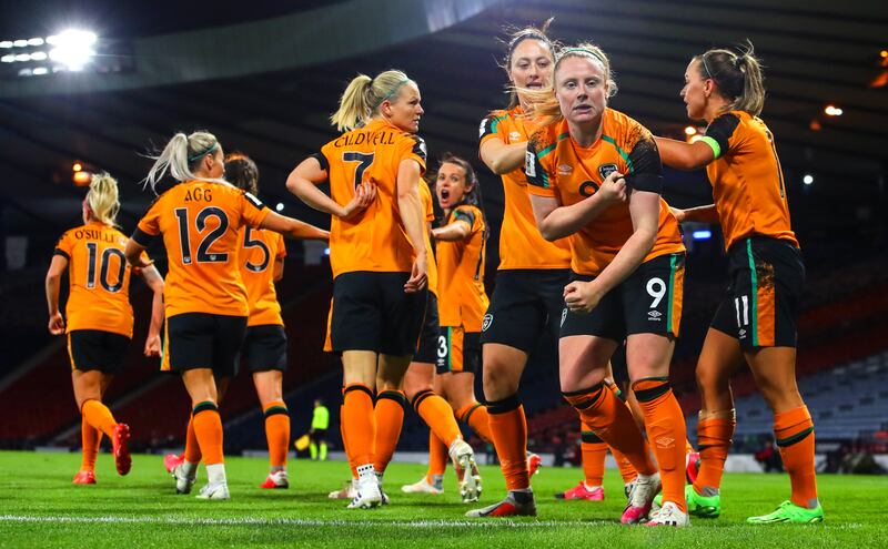 Amber Barrett celebrates scoring the goal that took Ireland to the World Cup. Photograph: Ryan Byrne/Inpho
