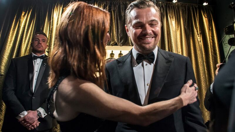 Best actor Leonardo DiCaprio, who attracted much inappropriately aligned cheering when he won. Photograph: Monica Almeida/New York Times
