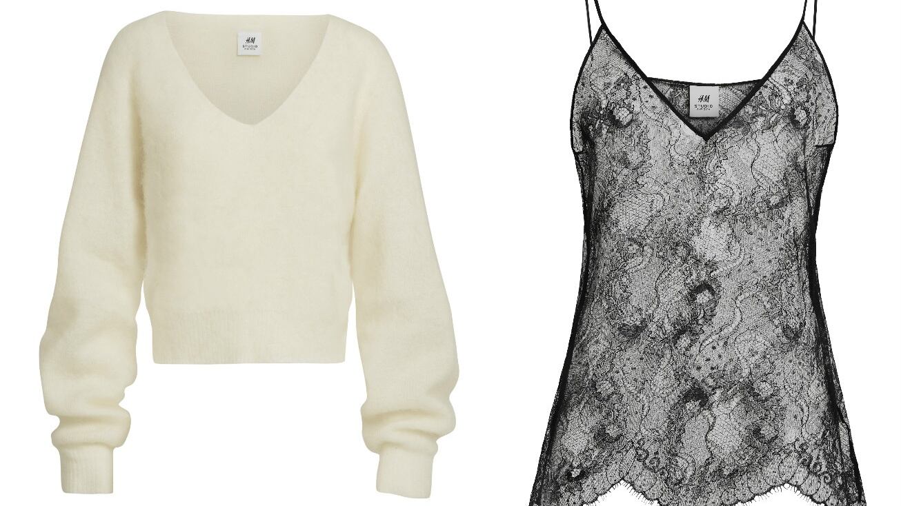 Cream v-neck (€49.95), lace camisole (€29.99)