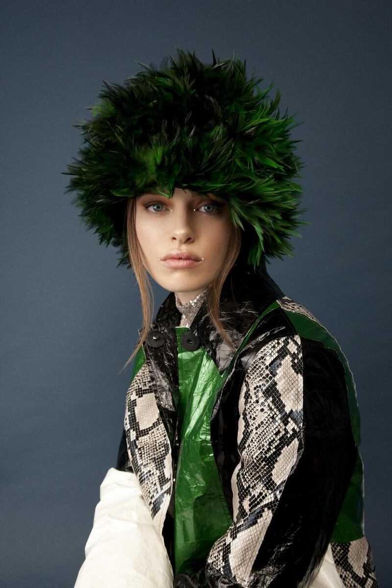 Green feather toque by Anthony Peto €420.  Photograph: Daniel Holfeld