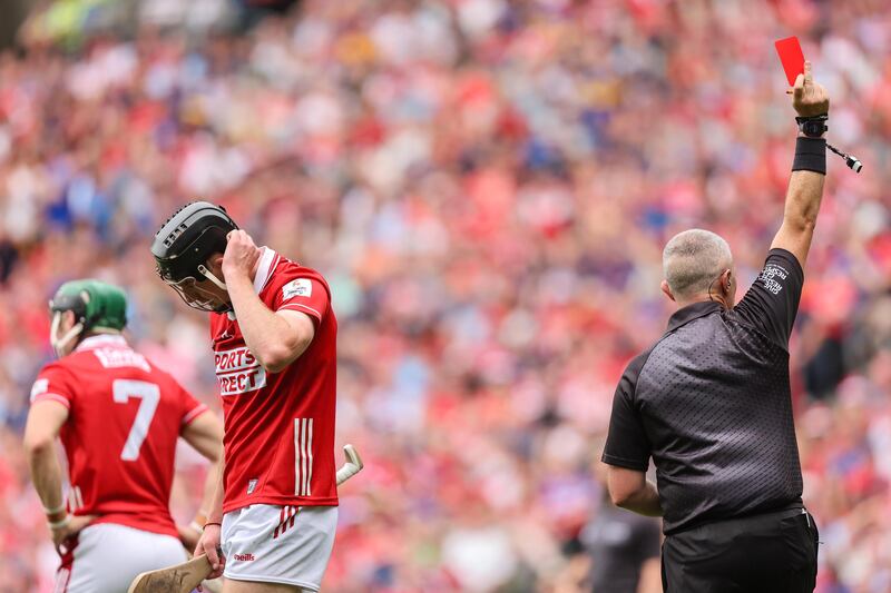 Cork's Eoin Downey is showen a red card in the 2025 All-Ireland hurling final against Tipperary. Photograph: Bryan Keane/Inpho