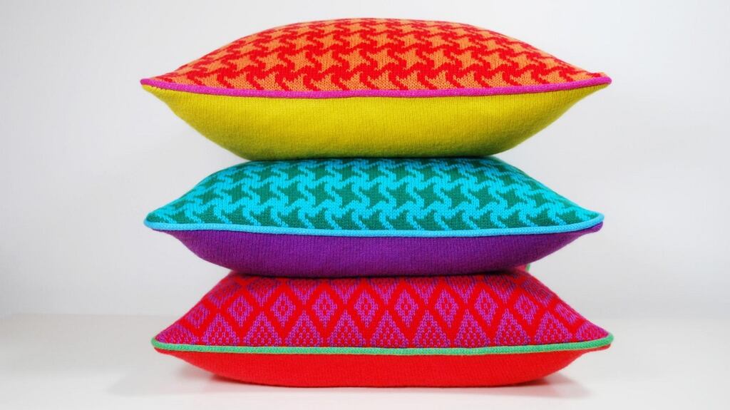 Textile designer Michi’s vibrant knitted cushions in lambswool, (€75).