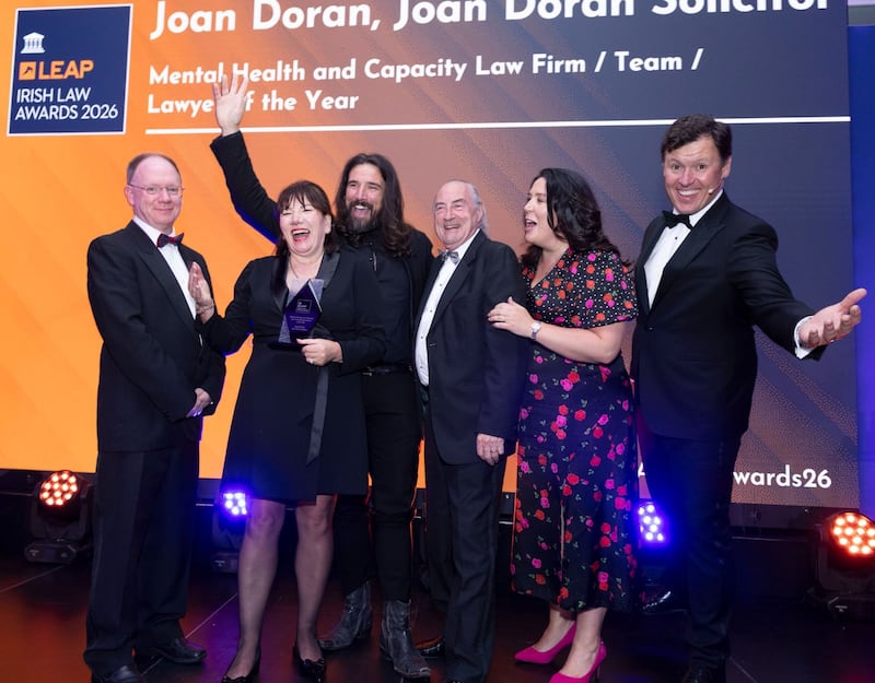 Richard Hammond, solicitor and partner at Hammond Good and chair of the judging panel of the Leap Irish Law Awards; Joan Doran, owner of Joan Doran Solicitors; Daniel Doran; Jack Meehan; Valerie Duffy; and Anton Savage, MC of the night. Photograph: Paul Sherwood