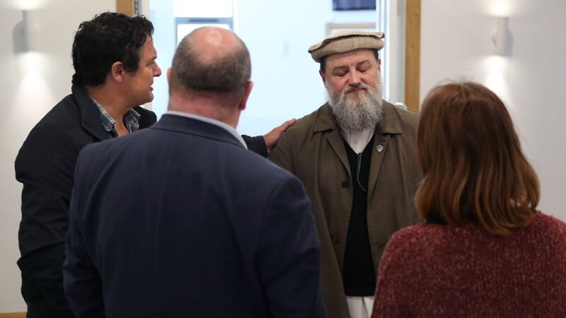 Imam Ibrahim Noonan meeting with Paul Freckling  and Natasha Muldoon of the ARD Resource Centre, and Senator Trevor Ó Clochartaigh, in the Maryam Mosque on the old Monivea Road in Galway on Tuesday. Photograph: Joe O’Shaughnessy.