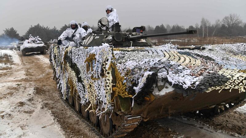 Ukrainian  forces on manoeuvres in Chernihiv region, not far from the border with Russia. Photograph: Sergei Supinsky/AFP/Getty