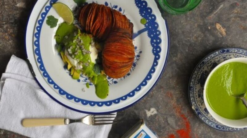 Hasselback potatoes with kale and coriander pesto by Lilly Higgins