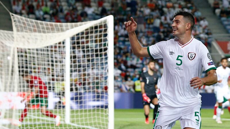 John Egan celebrates after giving Ireland the lead on the Algarve. Photograph: Antonio Cotrim/EPA