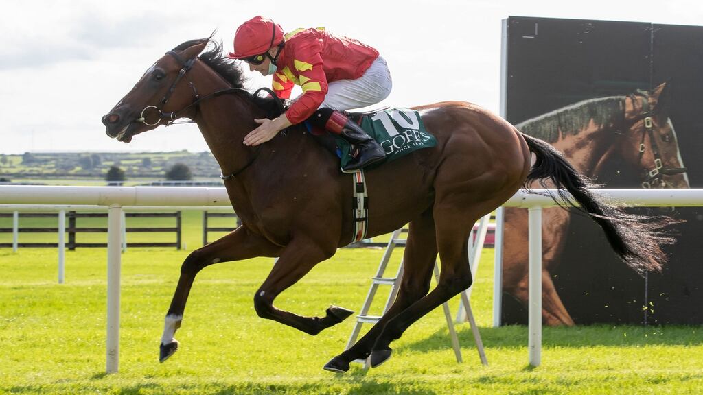 Declan McDonagh on Thunder Moon celebrates winning The Goffs Vincent O’Brien National Stakes at the Curragh on September 13th, 2020. Photograph: Morgan Treacy/Inpho