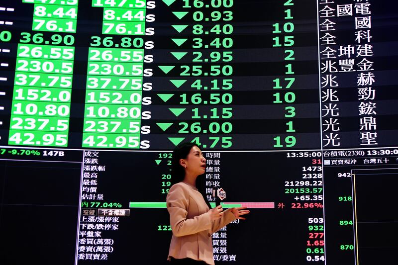A reporter presents stock values inside the Taiwan Stock Exchange Office in Taipei. Taiwan's stock market was hit by intense stop-loss and panic selling, resulting in a drop of 2,086 points, or more than 9.7 per cent, the largest intraday loss in its history. Photograph: European Pressphoto Agency