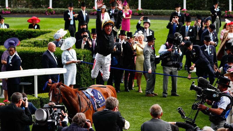 Jockey Frankie Dettori jumps off  Stradivarius after winning the Gold Cup at  Royal Ascot. Photograph: Adrian Dennis/AFP/Getty Images