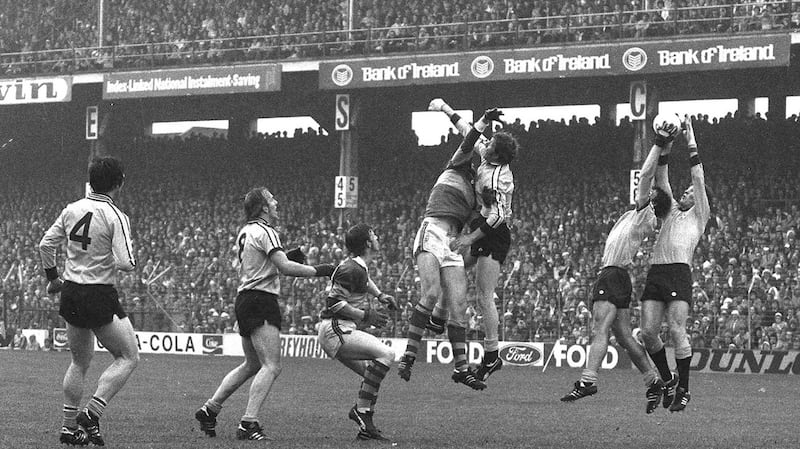 Action from the 1976 All-Ireland final featuring from  left, Dublin’s Robbie Kelleher (4), Brian Mullins (8), Kerry’s Sean Walsh and Eoin “Bomber” Liston and Dublin’s  Sean Doherty, Kevin Moran and Tommy Drumm. Photograph:  Connolly Collection/Sportsfile