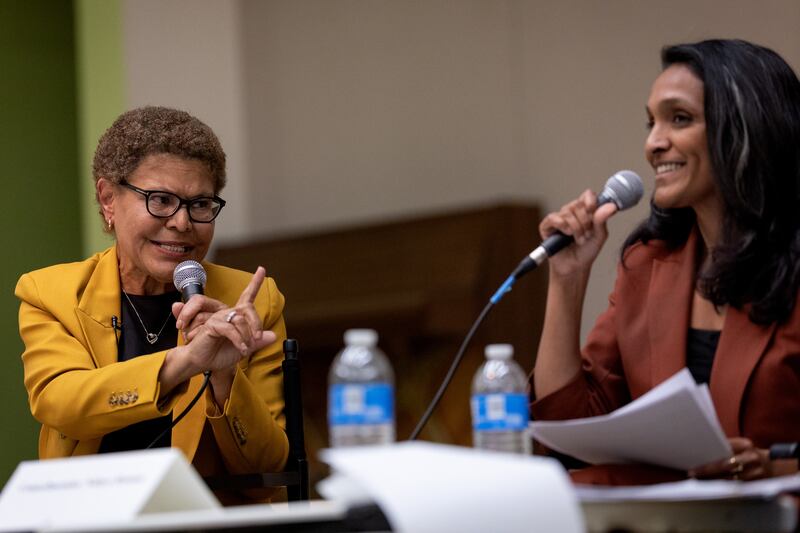Los Angeles mayor Karen Bass (left) and mayoral candidate Nithya Raman at a forum in Sherman Oaks last month. Photograph: Eric Thayer / Los Angeles Times via Getty Images