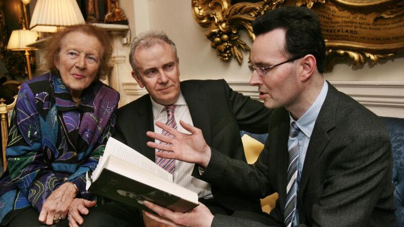 A 2008 photograph of Dr Maeve Hillery with  John Walsh,  the  author of a biography on her husband  Patrick Hillery, and her son John. Photograph: Matt Kavanagh/The Irish Times.