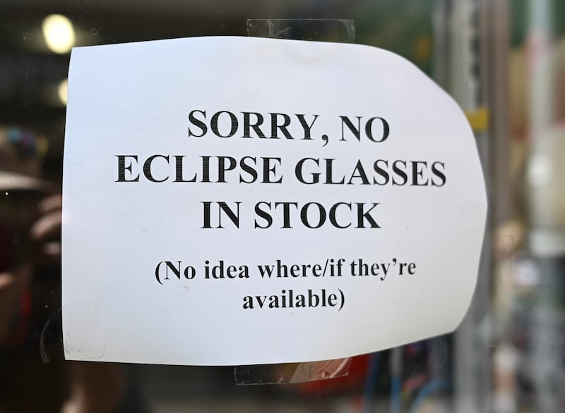 A sign in a shop in Falmouth, England, one of many in the town advising shoppers that no stock remains of solar eclipse glasses. Photograph: Hugh Hastings/Getty Images
