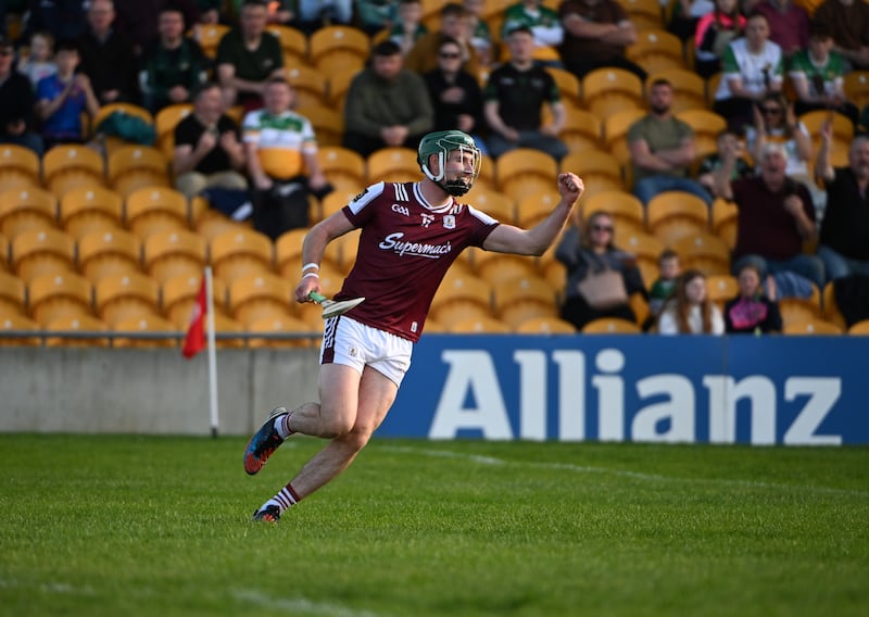 Cathal Mannion celebrates scoring a goal against Offaly in Tullamore on April 26th. Photograph: Andrew Paton/Inpho