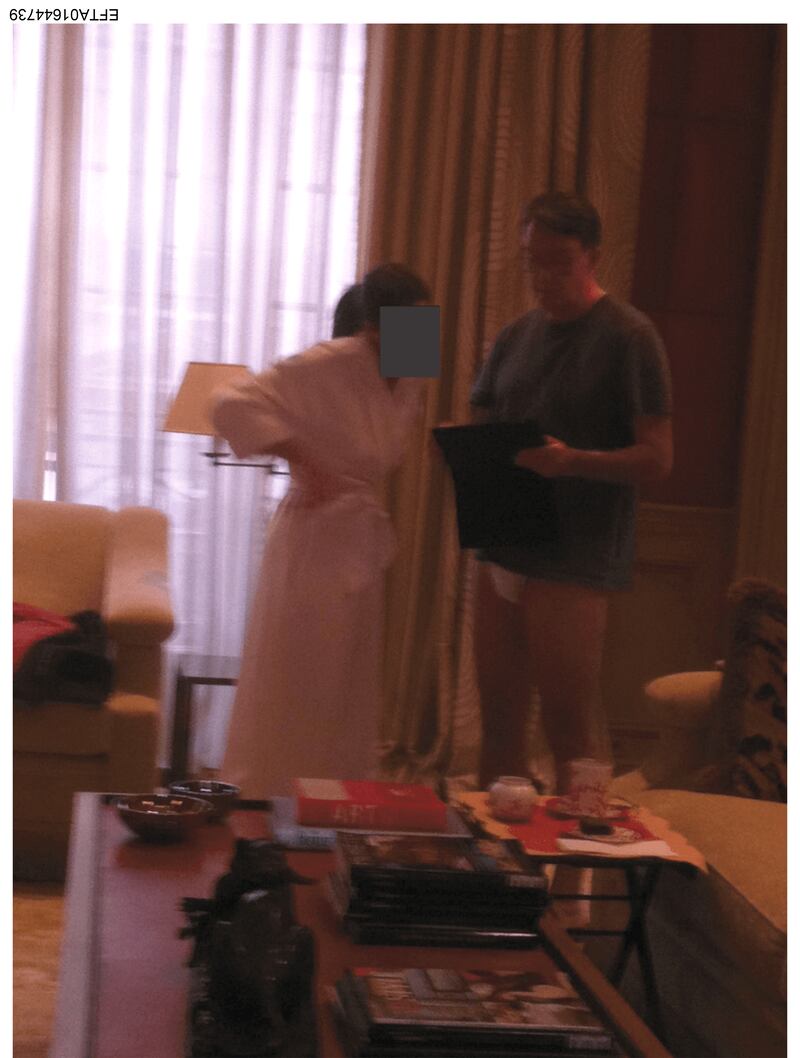 Handout image issued by the US department of justice which appears to show Peter Mandelson in his underwear speaking to an unknown person wearing a bathrobe. Photograph: US Department of Justice/PA Wire 