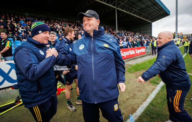 Meath manager Robbie Brennan (centre) celebrates his team's victory against Dublin in the Leinster SFC semi-final in Portlaoise. Photograph: Ryan Byrne/Inpho