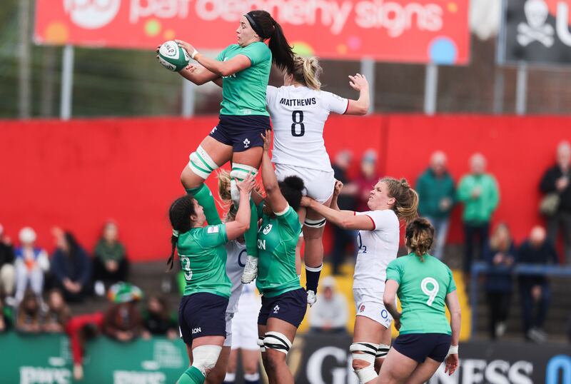 Ireland's Nichola Fryday wins a lineout ahead of Alex Matthews of England during their Six Nations game at Musgrave Park. Photograph: Inpho/Tom Maher