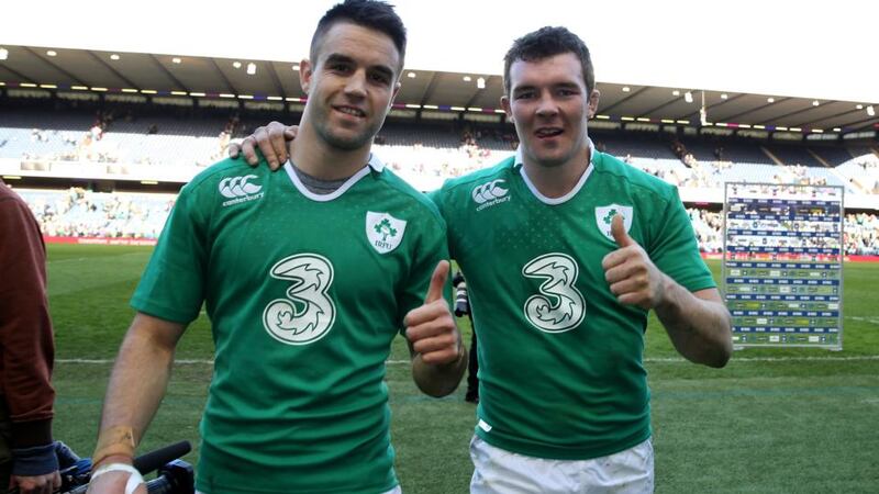Conor Murray and Peter O’Mahony celebrate Ireland’s win in Murrayfield. Photograph: Dan Sheridan/Inpho