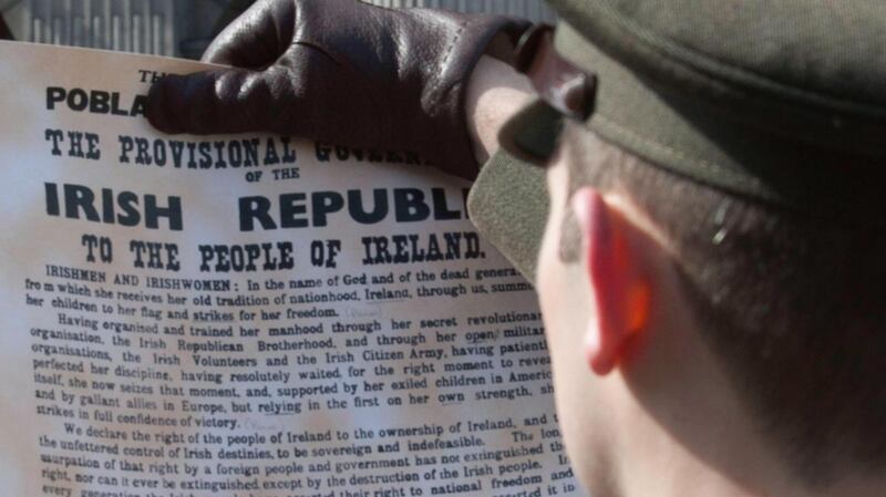 31/03/2013 Captain Eoin Rochford from The Defence Forces Headquarters reads the Proclamationduring the 97th anniversary  commemoration of the 1916 Easter Rising at the GPO, Dublin, Dublin. Photo: Gareth Chaney Collins