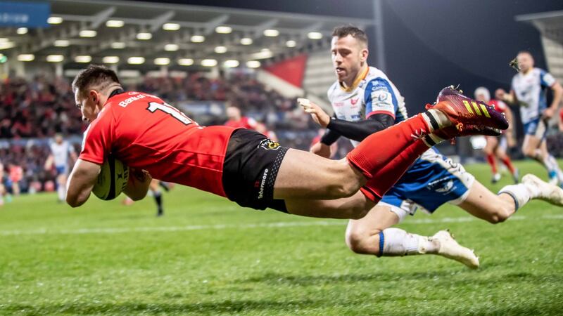 Ulster’s Jacob Stockdale celebrates scoring a try during the Heineken Champions Cup match against the Scarlets at the  Kingspan stadium. Photograph: Morgan Treacy/Inpho