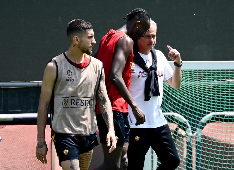 Jose Mourinho with Roma striker Tammy Abraham during a training session in Trigoria, on the outskirts of Rome. Photograph: Getty Images