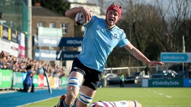 St Michael’s Ryan Baird on his way to scoring a try in the Bank of Ireland Leinster Schools Senior Cup quarter-final against Clongowes Wood at  Donnybrook. Photograph: Oisín Keniry/Inpho
