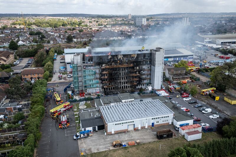 An aerial view of fire teams attempting to extinguish a major fire in a building in Dagenham on Monday. Photograph: Leon Neal/Getty Images