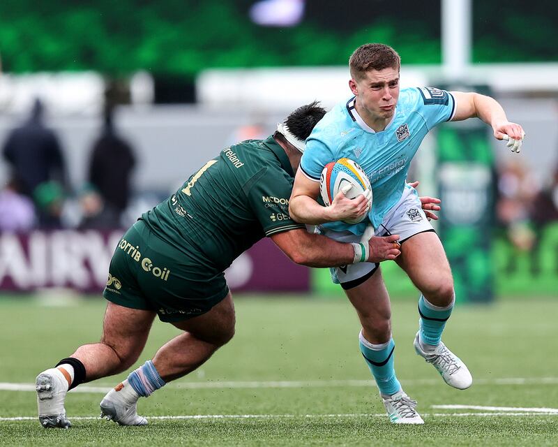 Glasgow Warriors’ Dan Lancaster is tackled by Denis Buckley of Connacht. Photograph: Tom O’Hanlon/Inpho