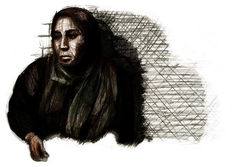 Fatima, a widowed mother. Her husband was killed along with all of his family in a massacre in their city a year and a half ago. Illustration:  Marc Corrigan
