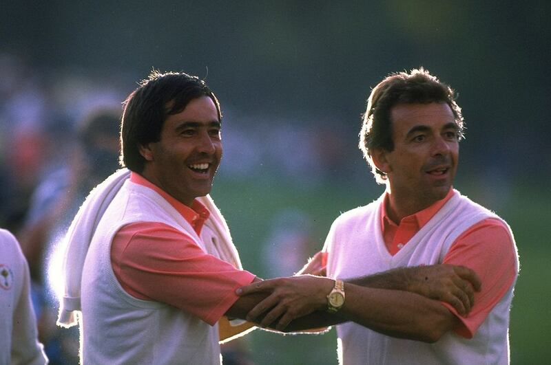Severiano Ballesteros of Spain and Tony Jacklin of England celebrate the win for Europe in the Ryder Cup at Muirfield Village in Columbus, Ohio, USA, in September 1987.  Photograph: Simon Bruty /Allsport