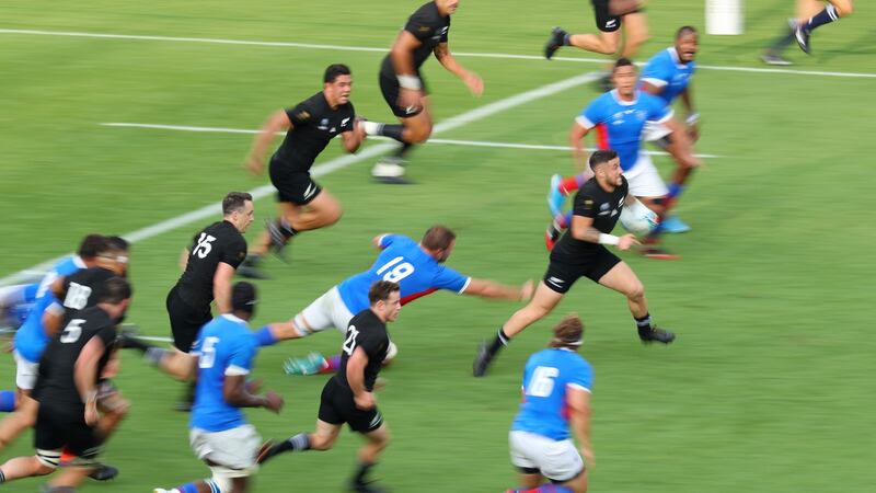 New Zealand’s TJ Perenara  makes a break to score his side’s 11th try against Namibia at Tokyo Stadium. Photograph: Warren Little/World Rugby/World Rugby via Getty Images